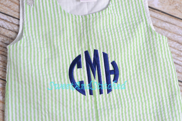 Monogrammed baby boy outfit, baby boy romper or jon jon, seersucker beach outfit, monogrammed jon jon, seersucker
