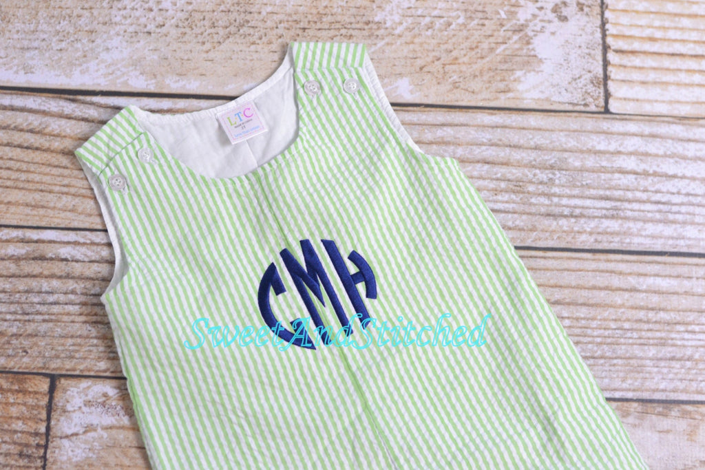 Monogrammed baby boy outfit, baby boy romper or jon jon, seersucker beach outfit, monogrammed jon jon, seersucker