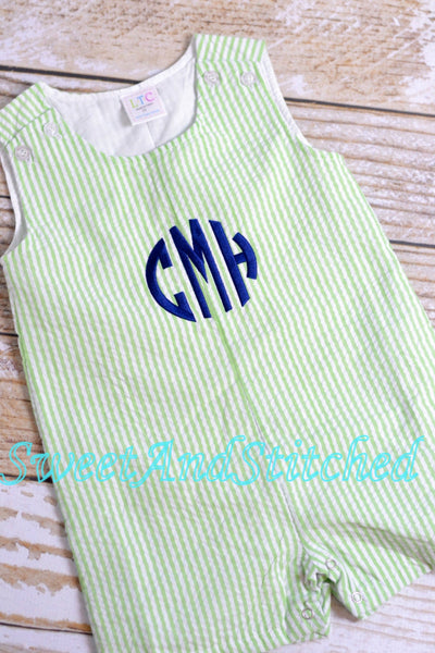 Monogrammed baby boy outfit, baby boy romper or jon jon, seersucker beach outfit, monogrammed jon jon, seersucker