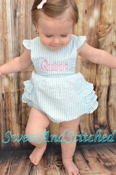 Monogrammed baby girl ruffle bubble, Seersucker girls bubble monogrammed, seersucker summer romper, girls seersucker Beach Outfit