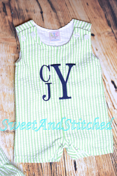 Monogrammed baby boy outfit, baby boy romper or jon jon, seersucker beach outfit, monogrammed jon jon, seersucker