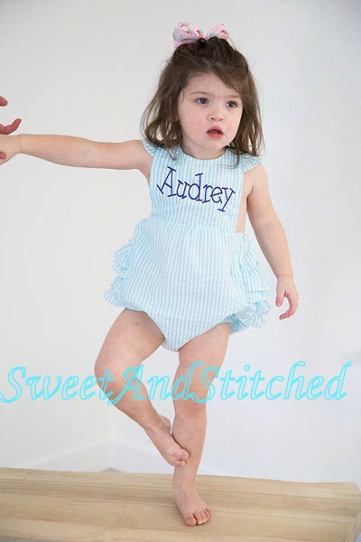Monogrammed baby girl ruffle bubble, Seersucker girls bubble monogrammed, seersucker summer romper, girls seersucker Beach Outfit