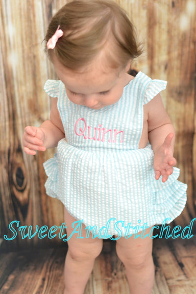 Monogrammed baby girl ruffle bubble, Seersucker girls bubble monogrammed, seersucker summer romper, girls seersucker Beach Outfit