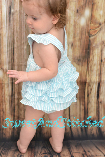 Monogrammed baby girl ruffle bubble, Seersucker girls bubble monogrammed, seersucker summer romper, girls seersucker Beach Outfit