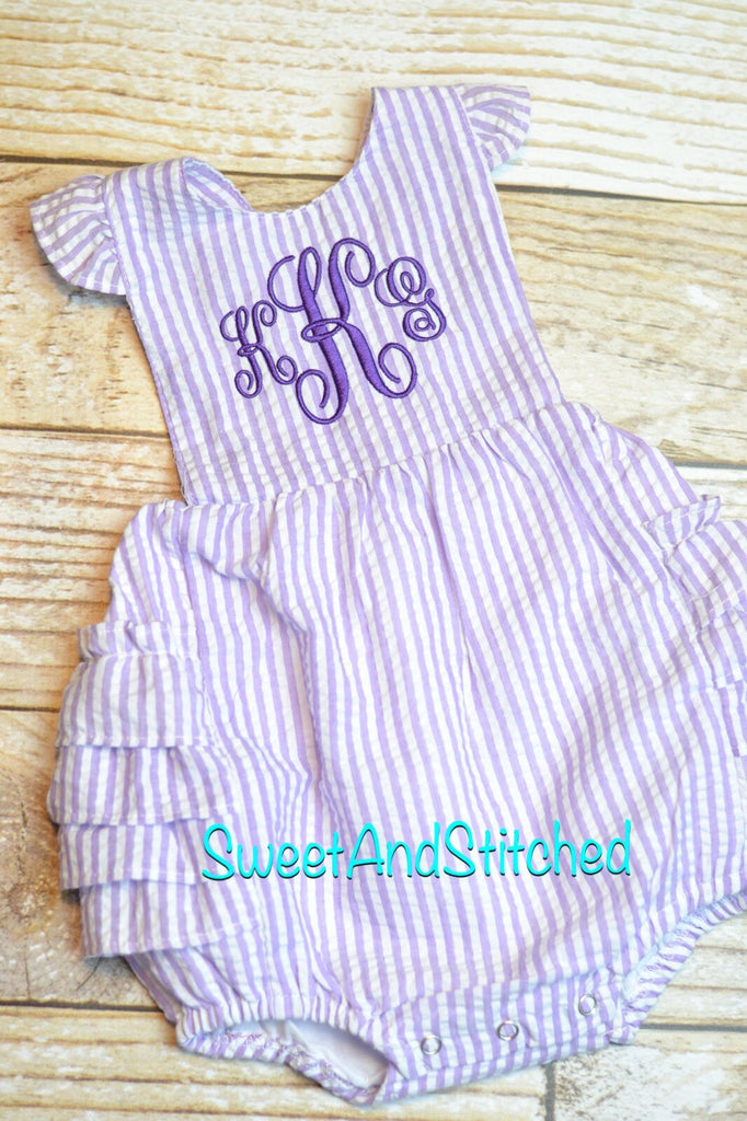 Monogrammed toddler bubble romper, monogrammed Seersucker bubble