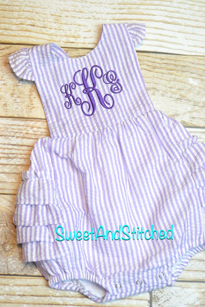 Monogrammed toddler bubble romper, monogrammed Seersucker bubble