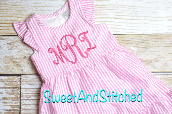 Monogrammed Seersucker dress, pink toddler dress, baby girl easter dress personalized, toddler beach outfit, Summer outfit, Baby Girl Beach