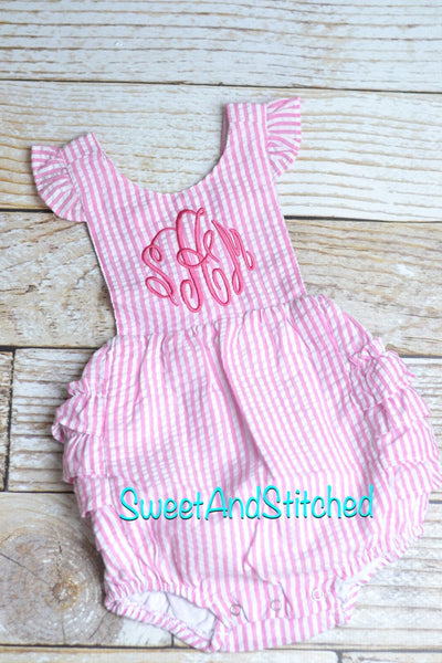 Monogrammed toddler bubble romper, monogrammed Seersucker bubble, baby girl summer outfit, toddler Beach Outfit
