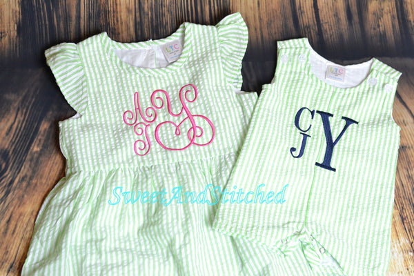 Monogrammed baby boy outfit, baby boy romper or jon jon, seersucker beach outfit, monogrammed jon jon, seersucker