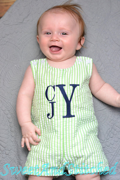 Monogrammed baby boy outfit, baby boy romper or jon jon, seersucker beach outfit, monogrammed jon jon, seersucker