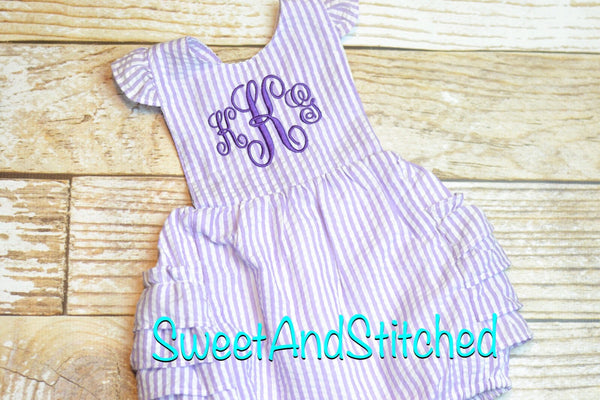 Monogrammed toddler bubble romper, monogrammed Seersucker bubble
