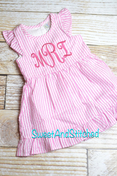 Monogrammed Seersucker dress, pink toddler dress, baby girl easter dress personalized, toddler beach outfit, Summer outfit, Baby Girl Beach