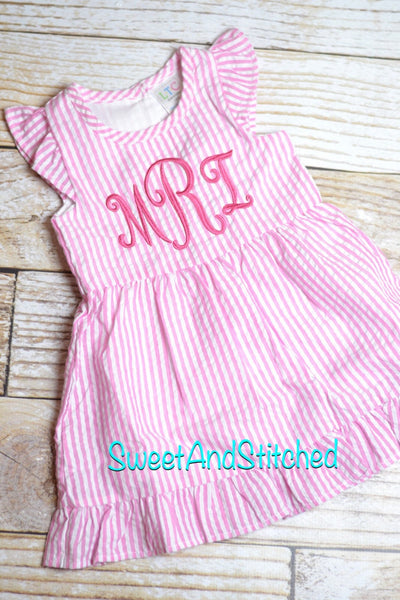 Monogrammed Seersucker dress, pink toddler dress, baby girl easter dress personalized, toddler beach outfit, Summer outfit, Baby Girl Beach