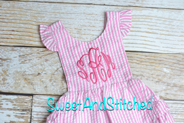Monogrammed toddler bubble romper, monogrammed Seersucker bubble, baby girl summer outfit, toddler Beach Outfit