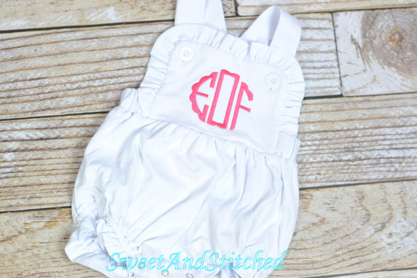 Monogrammed baby girl romper, girls cross backed bubble, girls summer romper, 1st birthday cake smash outfit, baby girl church outfit