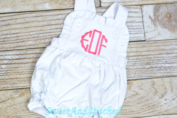 Monogrammed baby girl ruffle bubble, baby sunsuit, personalized baby girl clothing, monogrammed ruffle romper, beach outfit sun suit