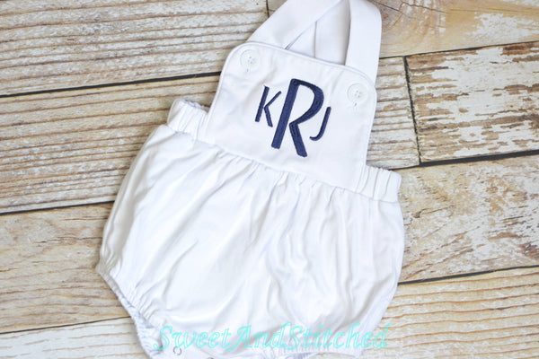 Monogrammed baby boy sunsuit, monogrammed navy boys romper, baby boy beach outfit, monogrammed boys cross backed bubble, boys sun suit