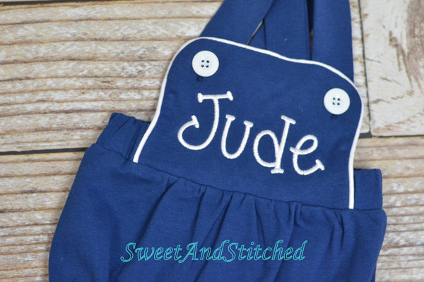 Monogrammed baby boy sunsuit, monogrammed navy boys romper, baby boy beach outfit, monogrammed boys cross backed bubble, boys sun suit