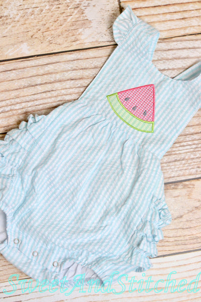 Monogrammed baby girl ruffle bubble with watermelons in pink and aqua, summer watermelon outfit, 1st birthday watermelon cake smash outfit