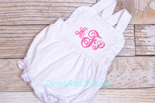 Monogrammed baby girl ruffle bubble, baby sunsuit, personalized baby girl clothing, monogrammed ruffle romper, beach outfit sun suit
