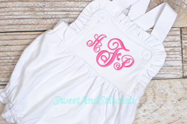 Monogrammed baby girl romper, girls cross backed bubble, girls summer romper, 1st birthday cake smash outfit, baby girl church outfit
