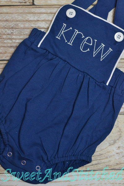 Monogrammed baby boy sunsuit, monogrammed navy boys romper, baby boy beach outfit, monogrammed boys cross backed bubble, boys sun suit