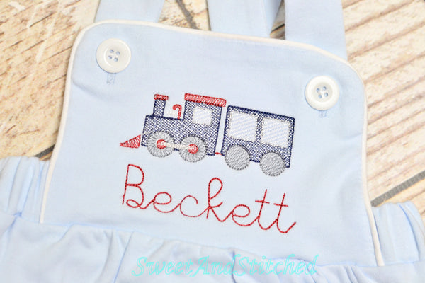 Monogrammed baby boy train outfit, monogrammed boys romper, 1st birthday train outfit, train cake smash outfit, boys cross backed bubble