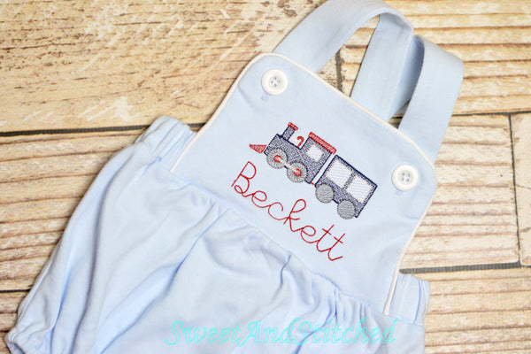 Monogrammed baby boy train outfit, monogrammed boys romper, 1st birthday train outfit, train cake smash outfit, boys cross backed bubble