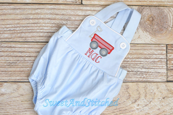 Monogrammed baby boy bubble with wagon design and name, monogrammed boys romper, red wagon outfit, monogrammed cross backed sunsuit