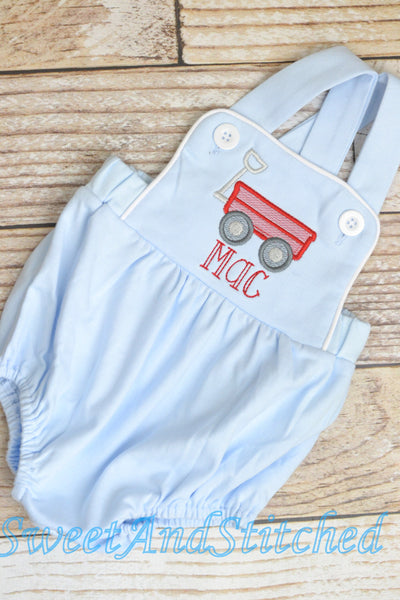 Monogrammed baby boy bubble with wagon design and name, monogrammed boys romper, red wagon outfit, monogrammed cross backed sunsuit