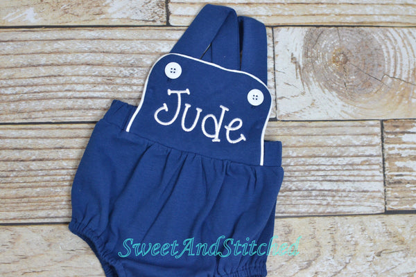 Monogrammed baby boy sunsuit, monogrammed navy boys romper, baby boy beach outfit, monogrammed boys cross backed bubble, boys sun suit