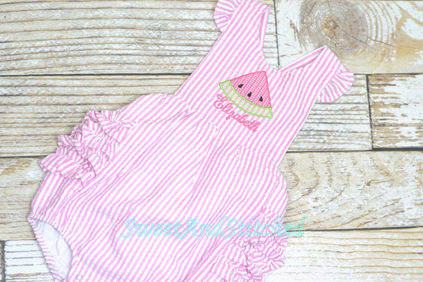 Monogrammed baby girl ruffle bubble with watermelons in pink and aqua, summer watermelon outfit, 1st birthday watermelon cake smash outfit