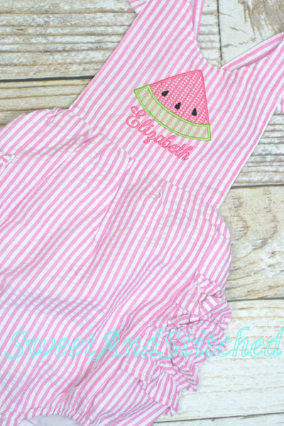 Monogrammed baby girl ruffle bubble with watermelons in pink and aqua, summer watermelon outfit, 1st birthday watermelon cake smash outfit