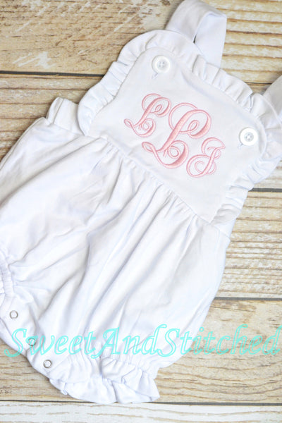 Monogrammed baby girl ruffle bubble, baby sunsuit, personalized baby girl clothing, monogrammed ruffle romper, beach outfit sun suit