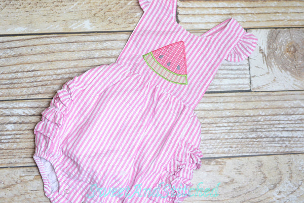 Monogrammed baby girl ruffle bubble with watermelons in pink and aqua, summer watermelon outfit, 1st birthday watermelon cake smash outfit