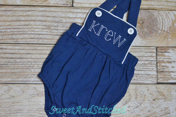 Monogrammed baby boy sunsuit, monogrammed navy boys romper, baby boy beach outfit, monogrammed boys cross backed bubble, boys sun suit