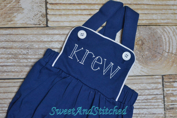 Monogrammed baby boy sunsuit, monogrammed navy boys romper, baby boy beach outfit, monogrammed boys cross backed bubble, boys sun suit