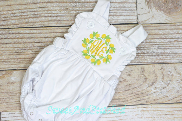 Monogrammed baby girl ruffle bubble with lemons, girls summer monogrammed lemon outfit, 1st birthday cake smash outfit, Summer Beach Outfit