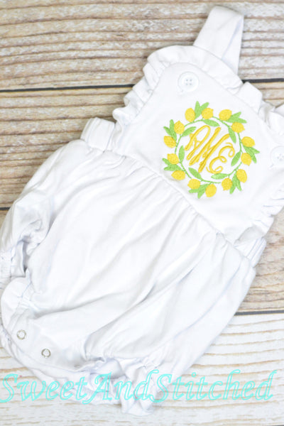 Monogrammed baby girl ruffle bubble with lemons, girls summer monogrammed lemon outfit, 1st birthday cake smash outfit, Summer Beach Outfit