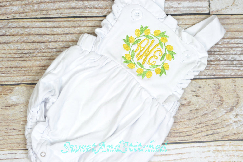 Monogrammed baby girl ruffle bubble with lemons, girls summer monogrammed lemon outfit, 1st birthday cake smash outfit, Summer Beach Outfit