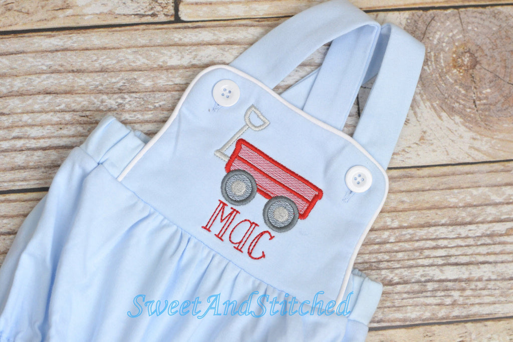Monogrammed baby boy bubble with wagon design and name, monogrammed boys romper, red wagon outfit, monogrammed cross backed sunsuit