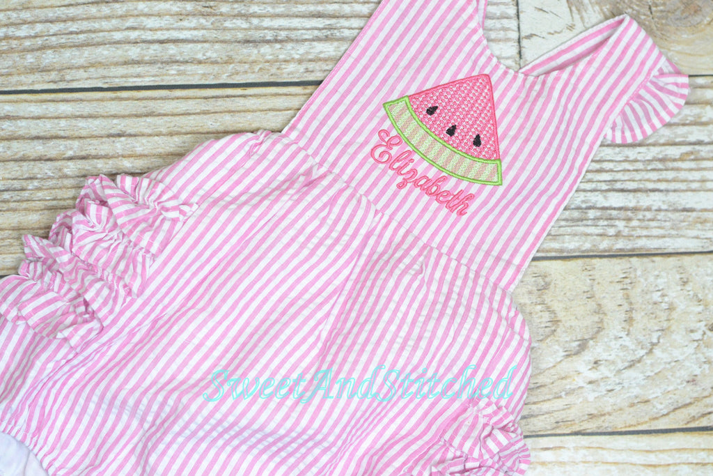 Monogrammed baby girl ruffle bubble with watermelons in pink and aqua, summer watermelon outfit, 1st birthday watermelon cake smash outfit