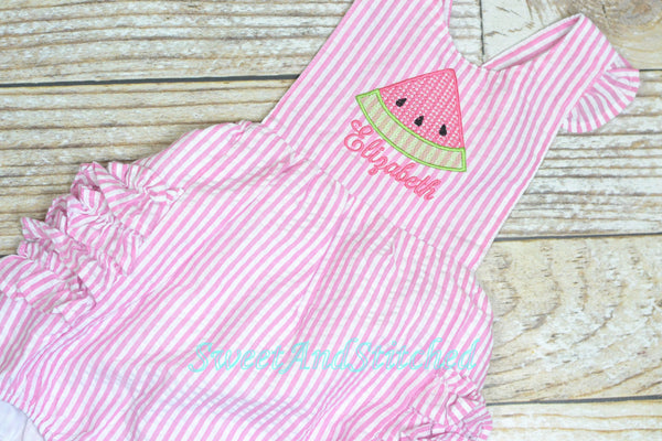 Monogrammed baby girl ruffle bubble with watermelons in pink and aqua, summer watermelon outfit, 1st birthday watermelon cake smash outfit