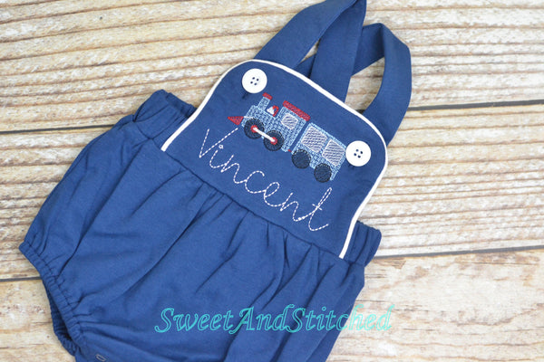 Monogrammed baby boy train outfit, monogrammed boys romper, 1st birthday train outfit, train cake smash outfit, boys cross backed bubble