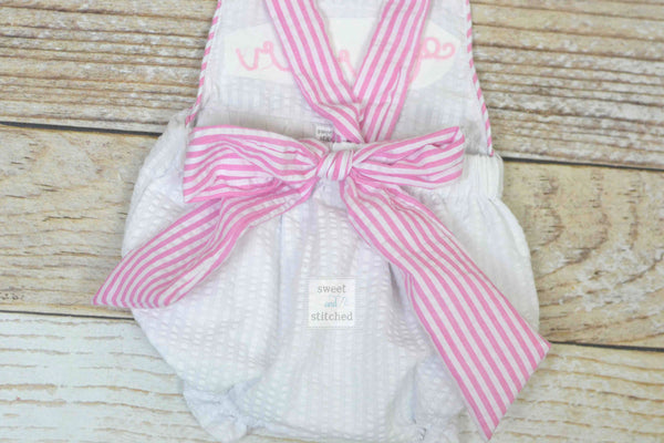 Big Sister outfit, embroidered big sister seersucker romper, girls cross backed bubble, big sister hospital outfit