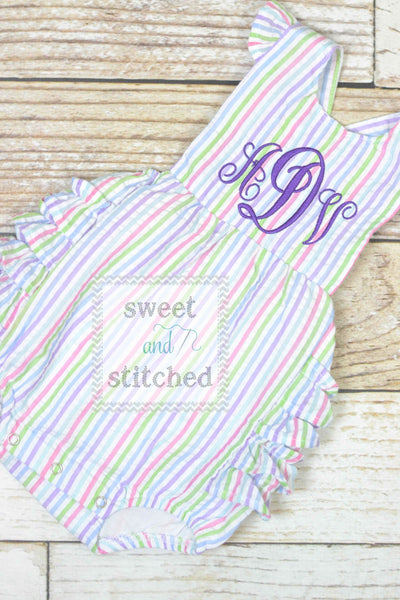 Monogrammed baby girl rainbow ruffle bubble with hot pink monogram, Seersucker girls bubble monogrammed, summer romper, girls Beach Outfit