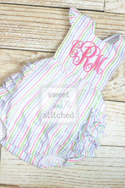 Monogrammed baby girl rainbow ruffle bubble with hot pink monogram, Seersucker girls bubble monogrammed, summer romper, girls Beach Outfit
