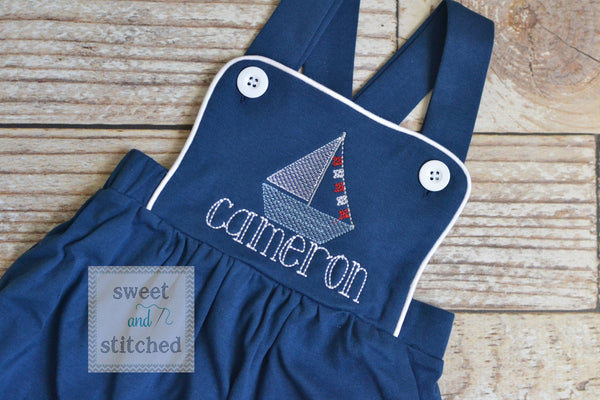 Monogrammed baby boy sailboat outfit, monogrammed boys beach romper, 1st birthday sailboat outfit, boat cake smash, cross backed bubble