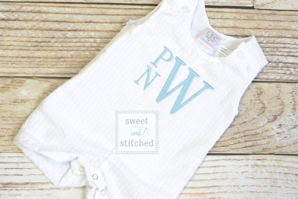 Monogrammed Boys Jon Jon, Baby boy Easter or Summer Outfit, Personalized Baby boy romper, white seersucker with monogram or name