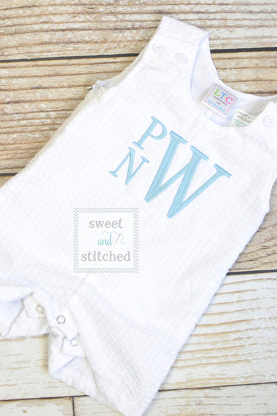 Monogrammed Boys Jon Jon, Baby boy Easter or Summer Outfit, Personalized Baby boy romper, white seersucker with monogram or name